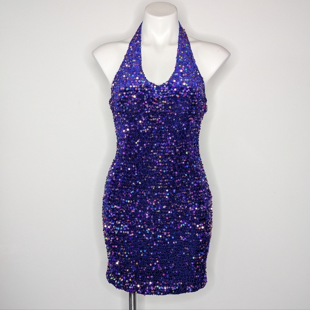 Windsor Maya Purple Velvet Sequin Low Cut Halter Party Mini Dress S
